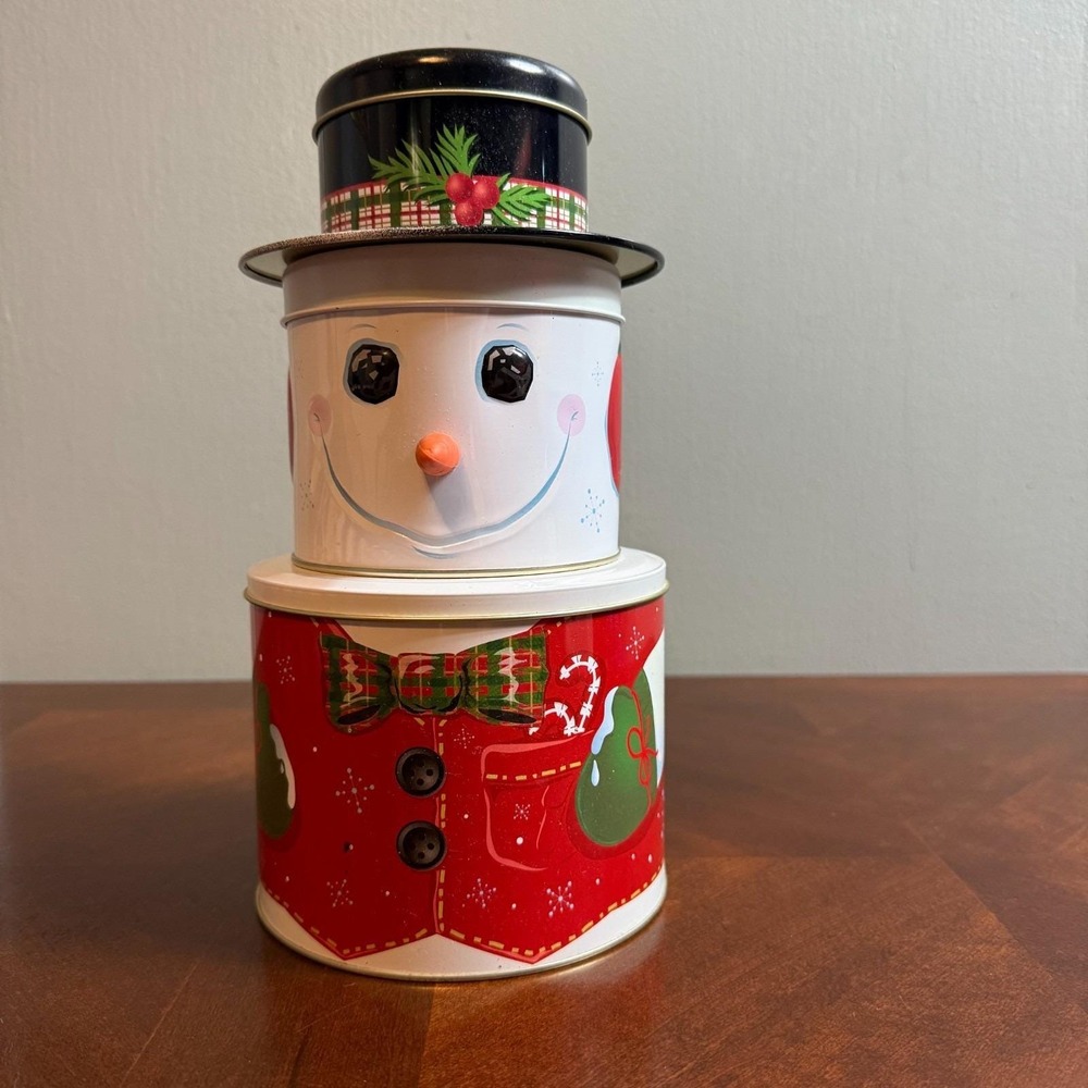 Vintage 80's Snowman Tin Canister Set Christmas Decor Stacking Snowman
